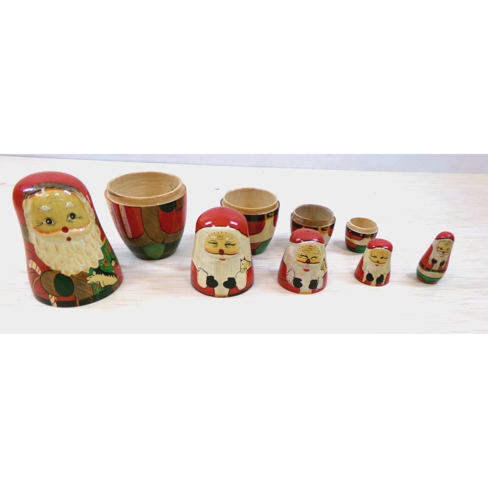 Vintage Wooden Hand Painted Santa Claus Russian Matryoshka Nesting Doll 5 Piece